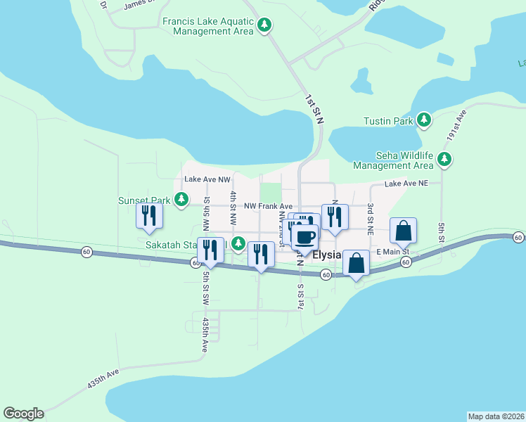 map of restaurants, bars, coffee shops, grocery stores, and more near 207 Northwest Frank Avenue in Elysian