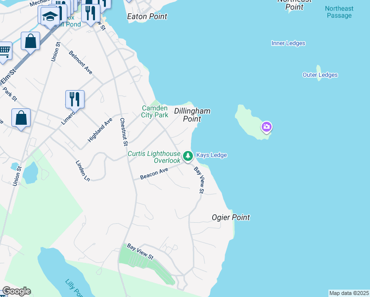 map of restaurants, bars, coffee shops, grocery stores, and more near 150 Bay View Street in Camden