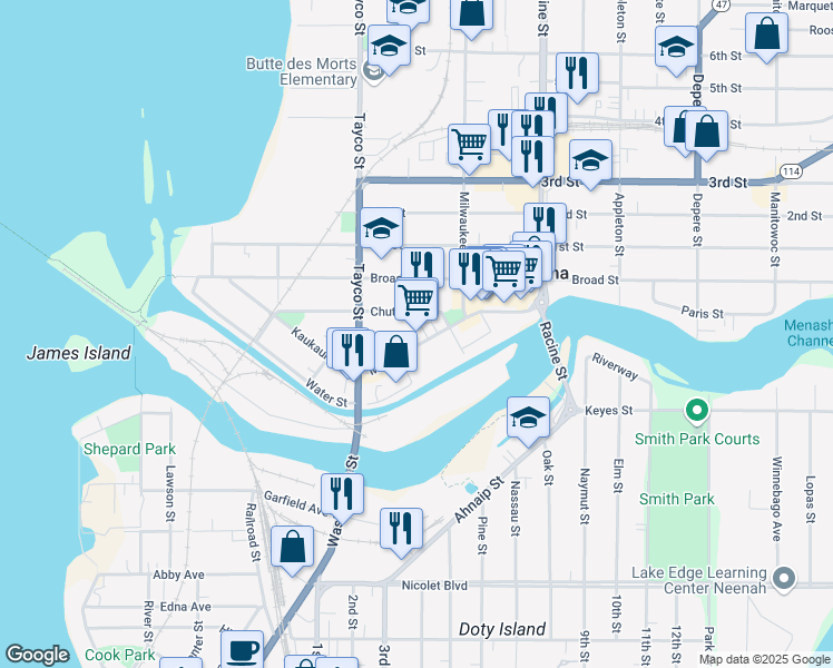 map of restaurants, bars, coffee shops, grocery stores, and more near 120 Main Street in Menasha