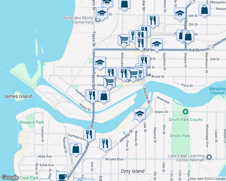 map of restaurants, bars, coffee shops, grocery stores, and more near 120 Main Street in Menasha