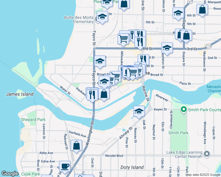 map of restaurants, bars, coffee shops, grocery stores, and more near 124 Main Street in Menasha