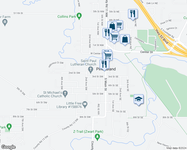 map of restaurants, bars, coffee shops, grocery stores, and more near 208 3rd Street Southwest in Pine Island