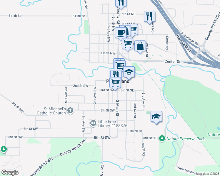 map of restaurants, bars, coffee shops, grocery stores, and more near 112 3rd Street Southwest in Pine Island