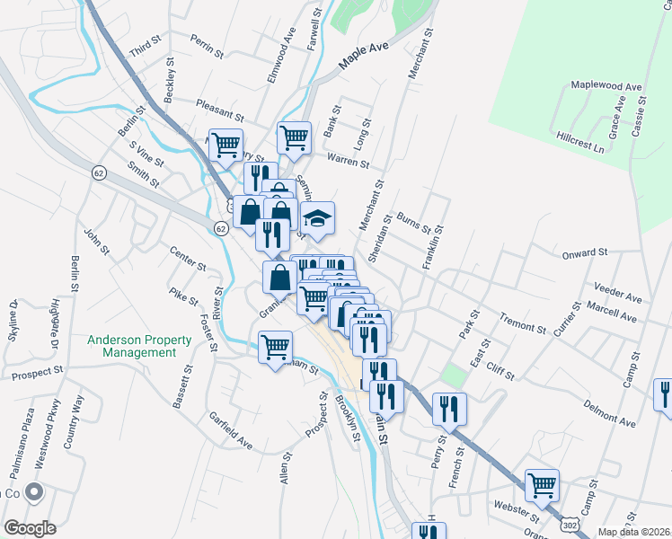map of restaurants, bars, coffee shops, grocery stores, and more near 16 West Street in Barre