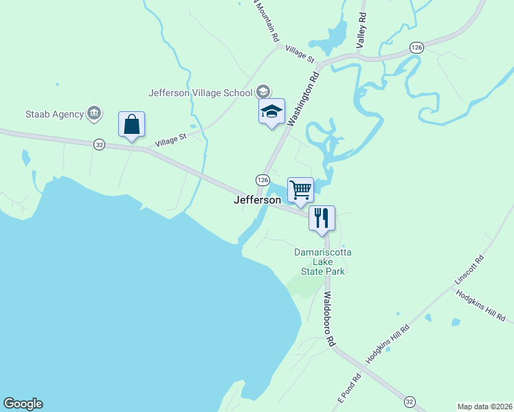 map of restaurants, bars, coffee shops, grocery stores, and more near 225 Waldoboro Road in Jefferson