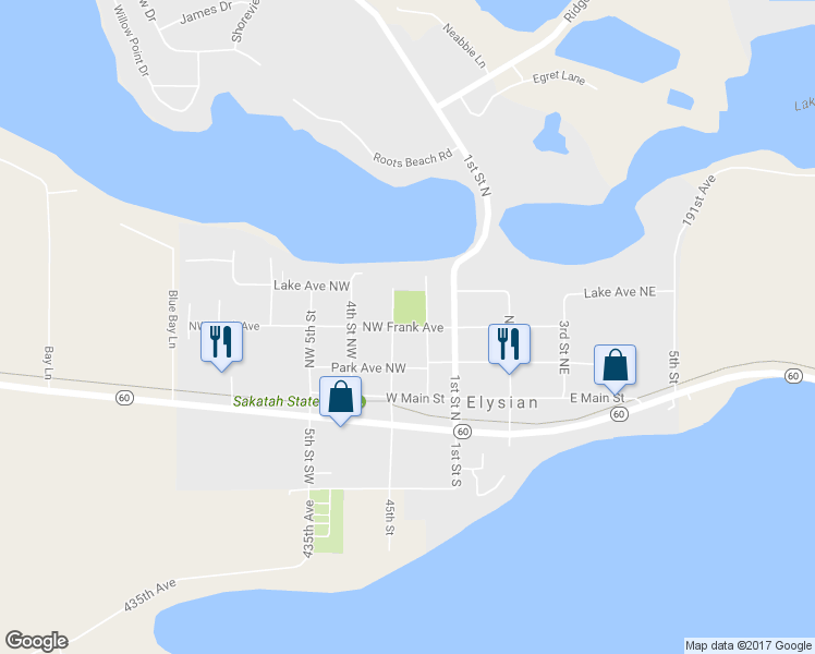 map of restaurants, bars, coffee shops, grocery stores, and more near 207 Northwest Frank Avenue in Elysian