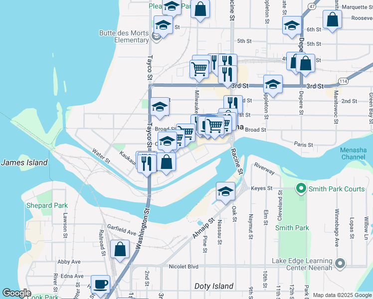 map of restaurants, bars, coffee shops, grocery stores, and more near 120 Main Street in Menasha