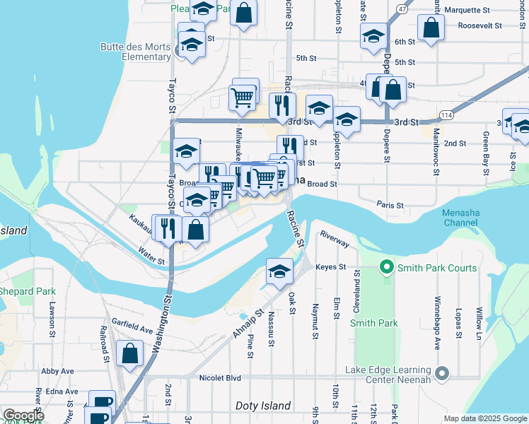 map of restaurants, bars, coffee shops, grocery stores, and more near 225 Main Street in Menasha