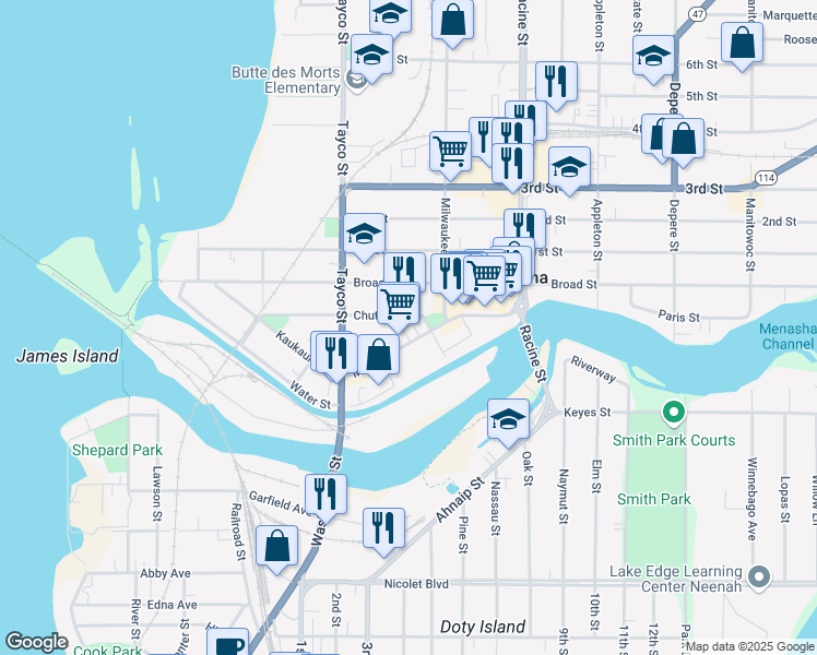 map of restaurants, bars, coffee shops, grocery stores, and more near 120 Main Street in Menasha