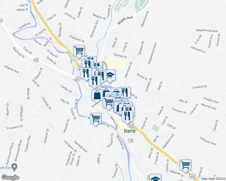 map of restaurants, bars, coffee shops, grocery stores, and more near 58 Summer Street in Barre