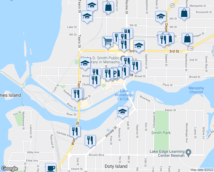 map of restaurants, bars, coffee shops, grocery stores, and more near 1 Milwaukee Street in Menasha