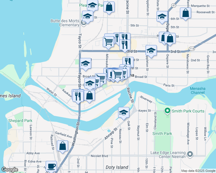 map of restaurants, bars, coffee shops, grocery stores, and more near 160 Main Street in Menasha