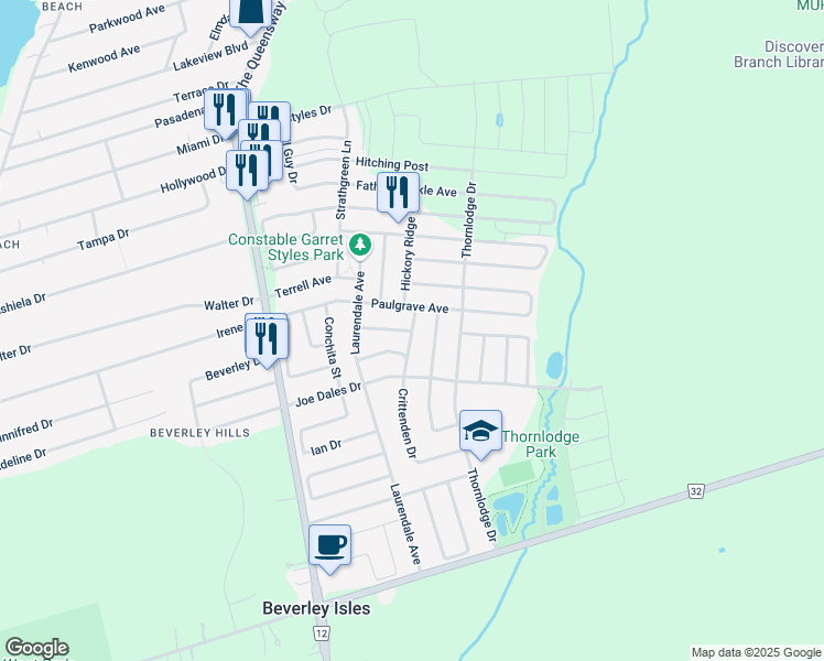 map of restaurants, bars, coffee shops, grocery stores, and more near Bache Avenue in Georgina