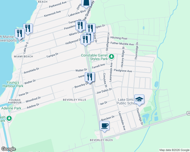 map of restaurants, bars, coffee shops, grocery stores, and more near 34 Haskins Crescent in Georgina