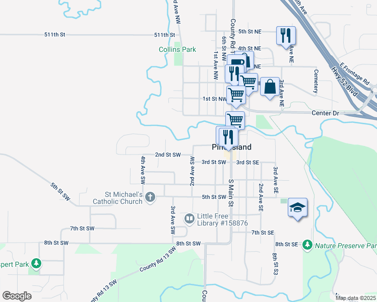 map of restaurants, bars, coffee shops, grocery stores, and more near 311 2nd Street Southwest in Pine Island
