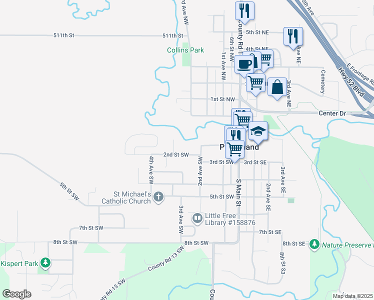 map of restaurants, bars, coffee shops, grocery stores, and more near 314 2nd Street Southwest in Pine Island
