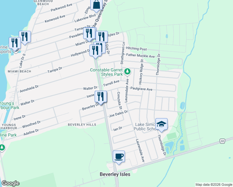 map of restaurants, bars, coffee shops, grocery stores, and more near 32 Conchita Street in Georgina