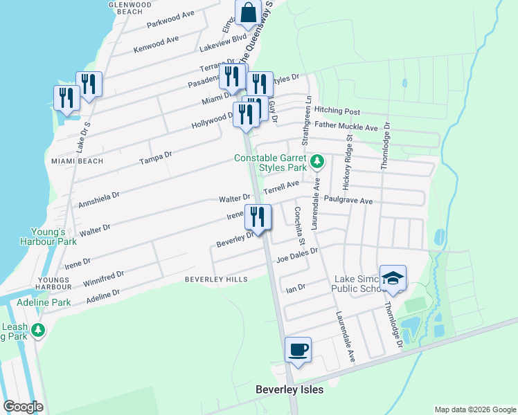 map of restaurants, bars, coffee shops, grocery stores, and more near 633 The Queensway South in Georgina