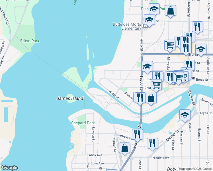 map of restaurants, bars, coffee shops, grocery stores, and more near 115 Broad Street in Menasha