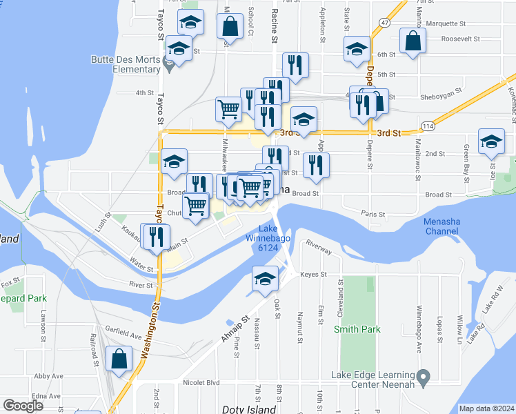 map of restaurants, bars, coffee shops, grocery stores, and more near 422 Broad Street in Menasha