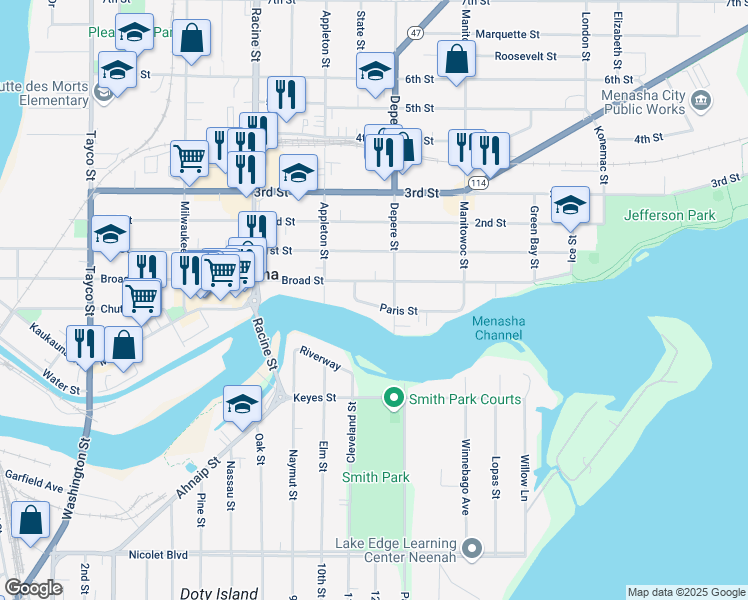 map of restaurants, bars, coffee shops, grocery stores, and more near 623 Broad Street in Menasha