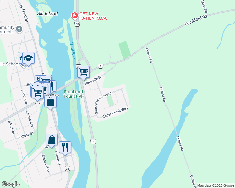 map of restaurants, bars, coffee shops, grocery stores, and more near 48 Stonegate Crescent in Quinte West
