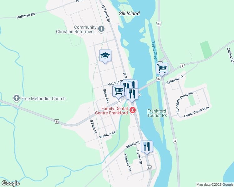 map of restaurants, bars, coffee shops, grocery stores, and more near 43 Victoria Street in Quinte West