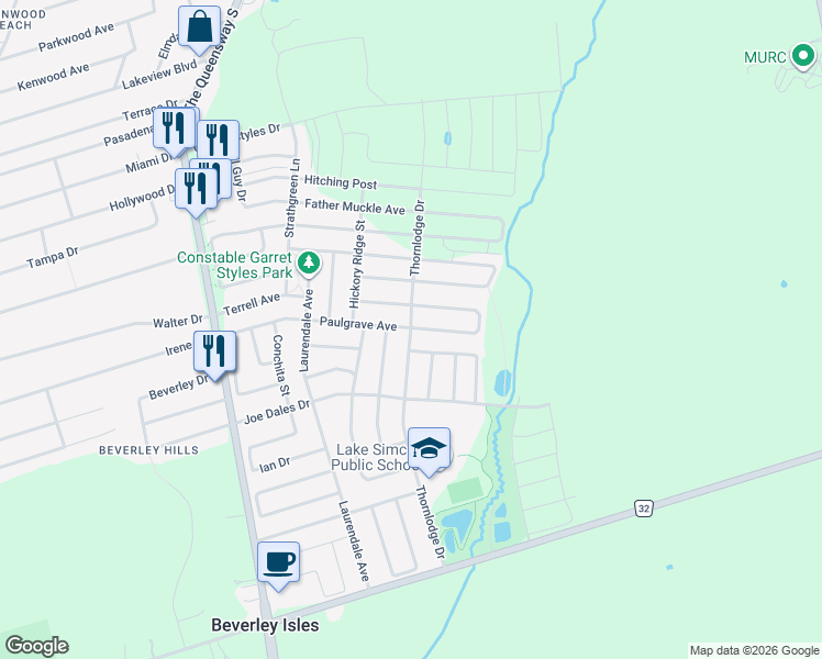 map of restaurants, bars, coffee shops, grocery stores, and more near Thornlodge Drive in Georgina