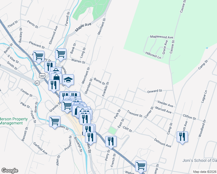 map of restaurants, bars, coffee shops, grocery stores, and more near 77 Franklin Street in Barre