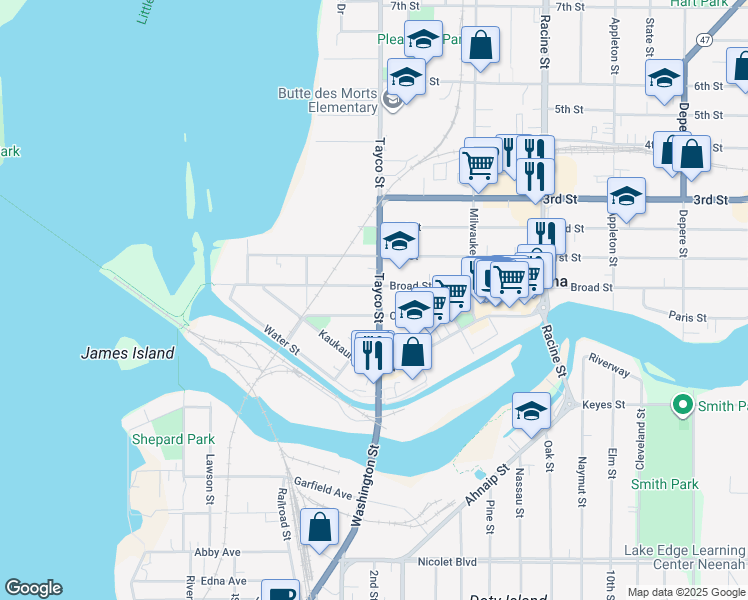 map of restaurants, bars, coffee shops, grocery stores, and more near 68 Tayco Street in Menasha