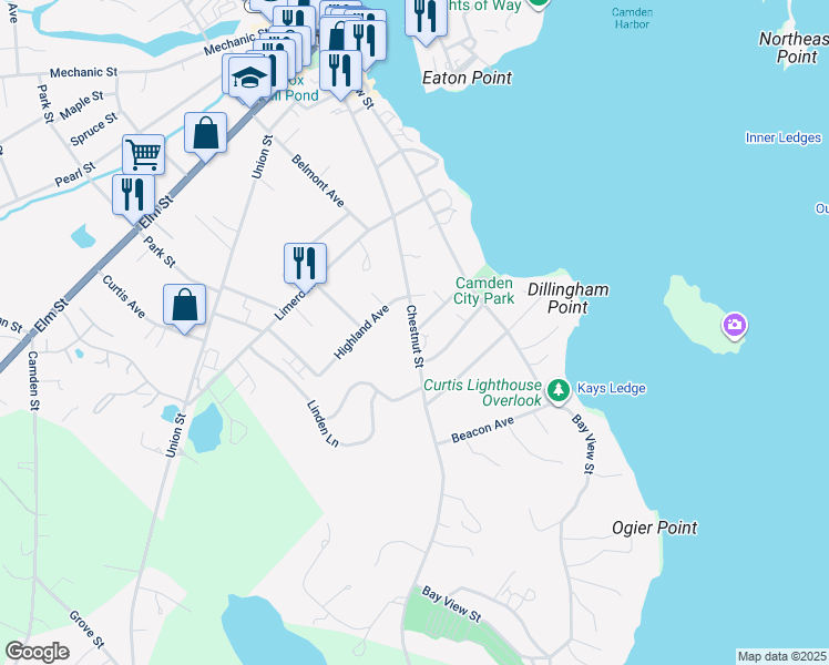 map of restaurants, bars, coffee shops, grocery stores, and more near Chestnut Street in Camden