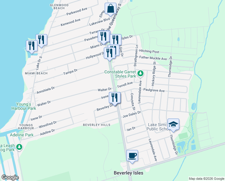 map of restaurants, bars, coffee shops, grocery stores, and more near 267 Walter Drive in Georgina