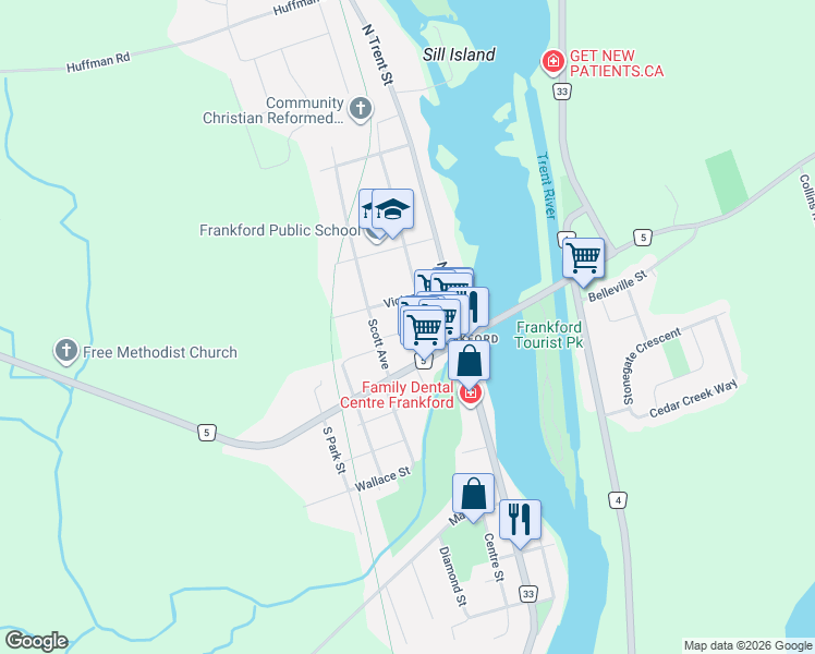 map of restaurants, bars, coffee shops, grocery stores, and more near 12 Albert Road in Quinte West