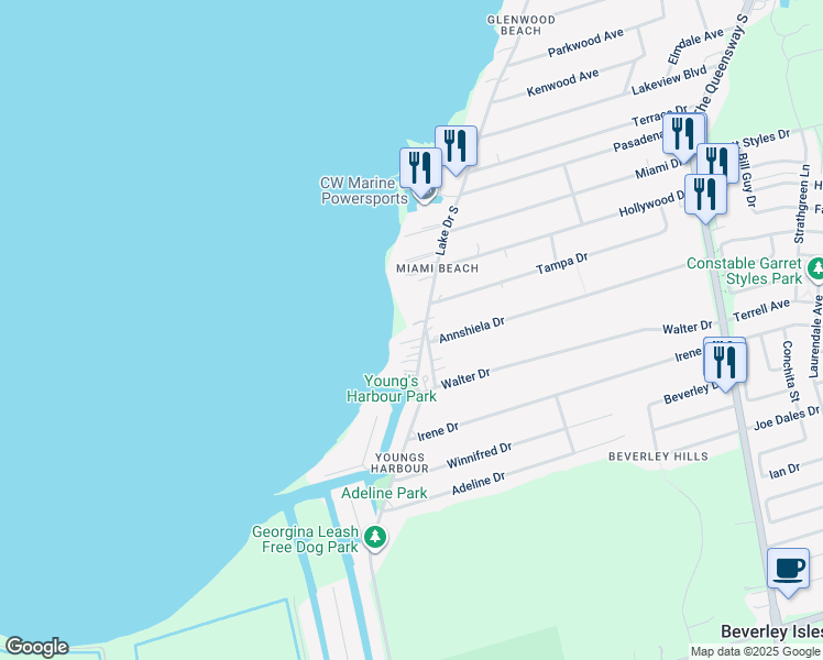 map of restaurants, bars, coffee shops, grocery stores, and more near 578 Lake Drive in Georgina