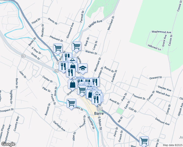 map of restaurants, bars, coffee shops, grocery stores, and more near 38 Merchant Street in Barre
