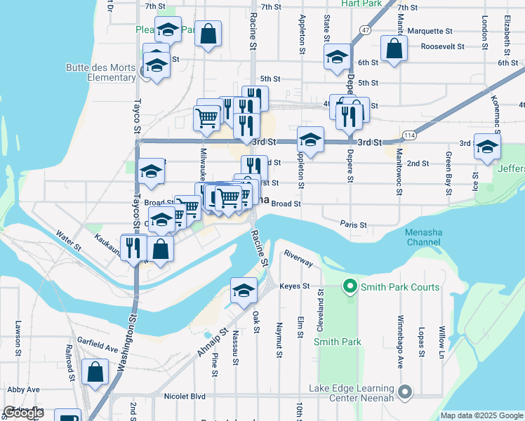 map of restaurants, bars, coffee shops, grocery stores, and more near in Menasha