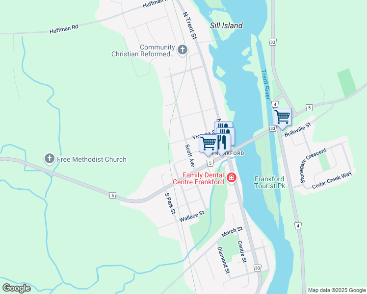 map of restaurants, bars, coffee shops, grocery stores, and more near 73 Victoria Street in Quinte West