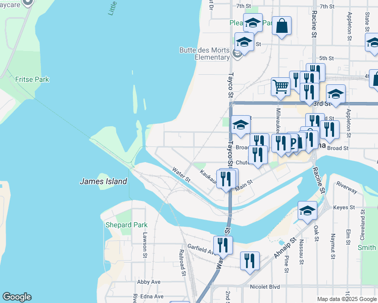 map of restaurants, bars, coffee shops, grocery stores, and more near 139 Broad Street in Menasha