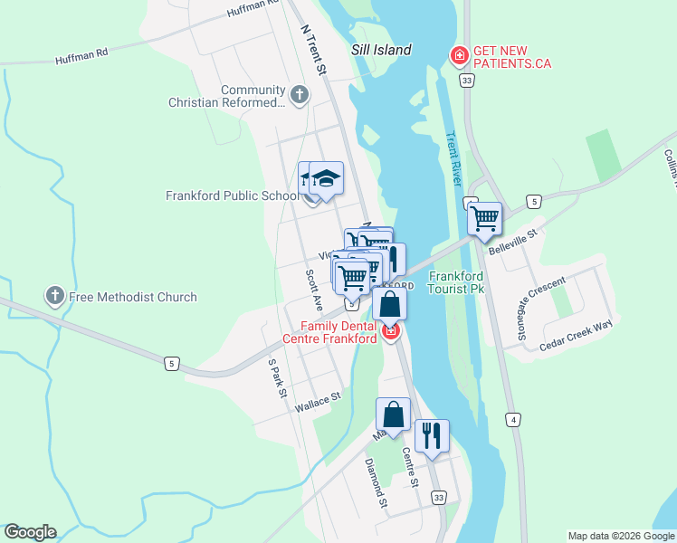 map of restaurants, bars, coffee shops, grocery stores, and more near 43 Victoria Street in Quinte West