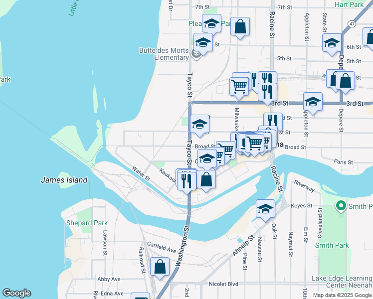 map of restaurants, bars, coffee shops, grocery stores, and more near 68 Tayco Street in Menasha