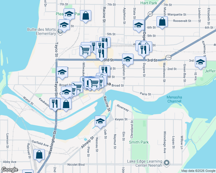 map of restaurants, bars, coffee shops, grocery stores, and more near 511 Broad Street in Menasha