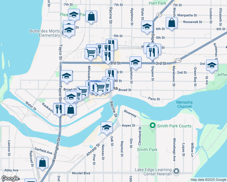 map of restaurants, bars, coffee shops, grocery stores, and more near in Menasha