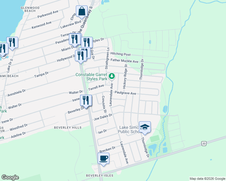 map of restaurants, bars, coffee shops, grocery stores, and more near 159 Laurendale Avenue in Georgina