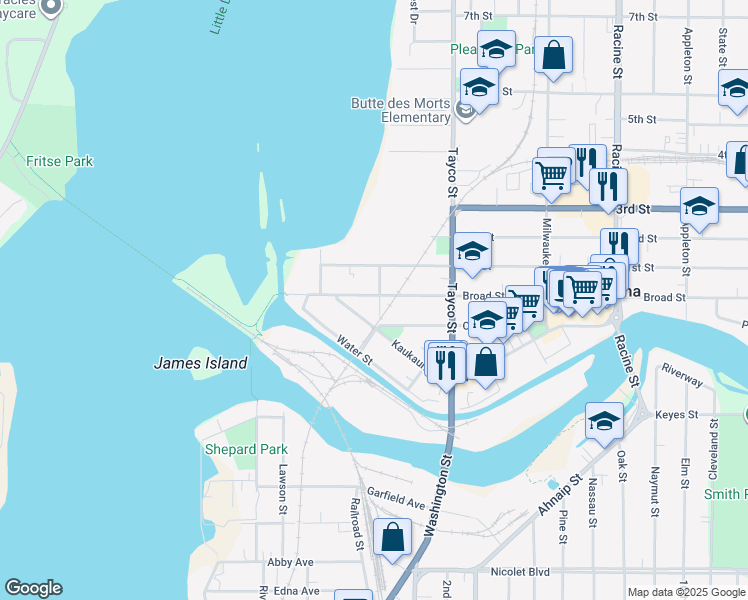 map of restaurants, bars, coffee shops, grocery stores, and more near 139 Broad Street in Menasha