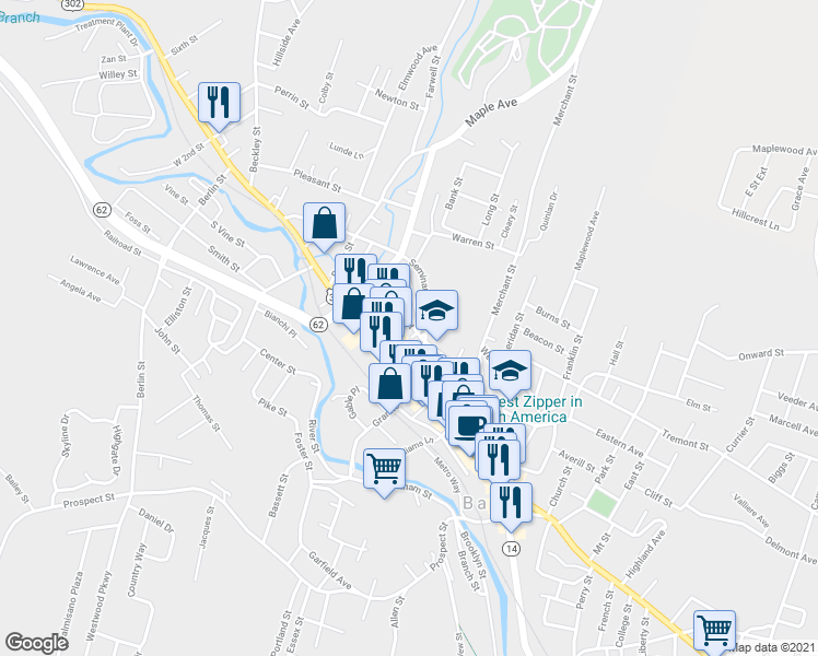 map of restaurants, bars, coffee shops, grocery stores, and more near 92 Summer Street in Barre