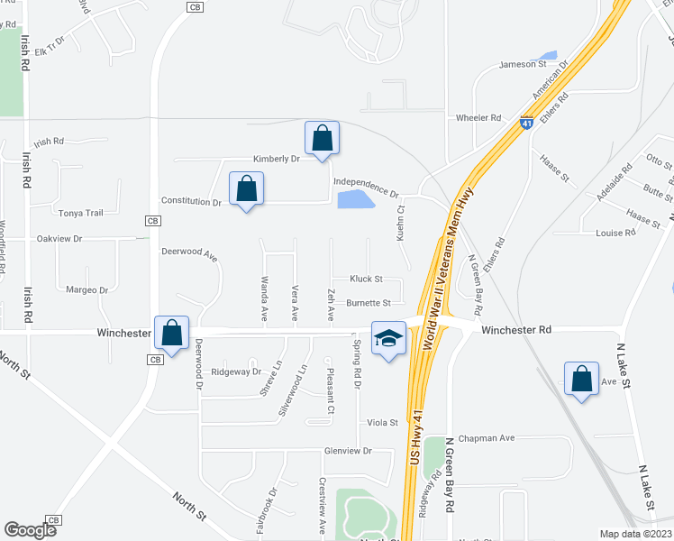 map of restaurants, bars, coffee shops, grocery stores, and more near 1262 Kluck Street in Neenah