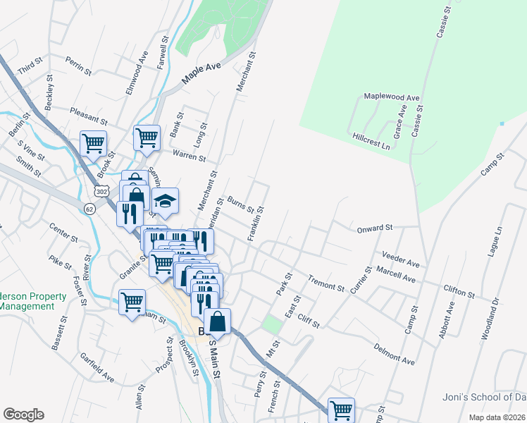 map of restaurants, bars, coffee shops, grocery stores, and more near 77 Franklin Street in Barre