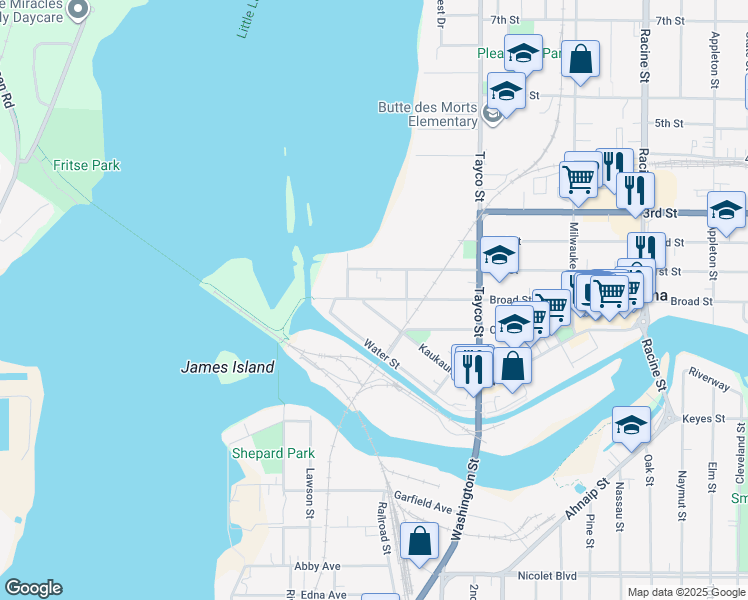map of restaurants, bars, coffee shops, grocery stores, and more near 115 Broad Street in Menasha
