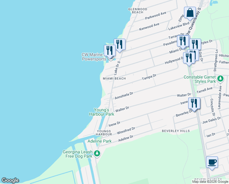 map of restaurants, bars, coffee shops, grocery stores, and more near 579 Lake Drive in Georgina