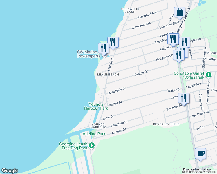 map of restaurants, bars, coffee shops, grocery stores, and more near 579 Lake Drive in Georgina